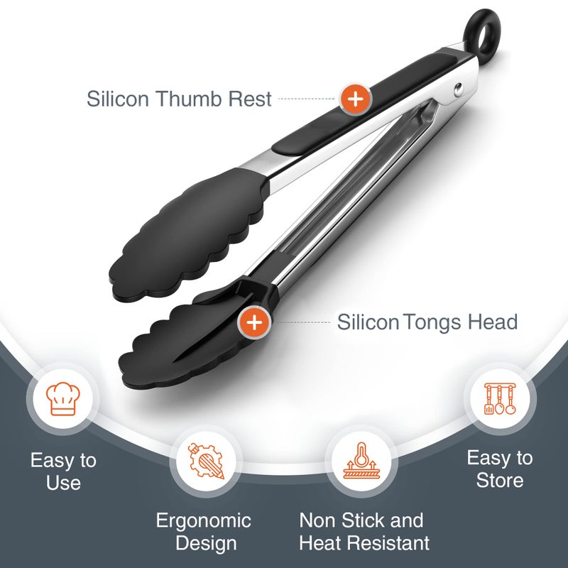 Tribal Cooking Kitchen Tongs with Silicone Tips - Stainless Steel tongs for cooking - 9" and 12" Tongs With Silicone Rubber Non Slip Grips, Heat Resistant Metal Tongs. - Image 2